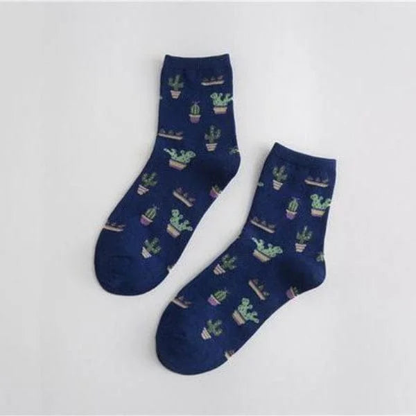 Chaussettes longues avec motif de cactus - bleu marine / 35-39