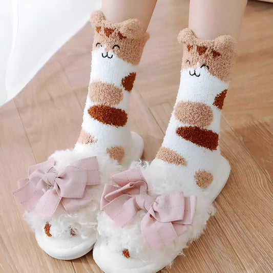  Chaussettes pour femmes duveteuses avec motif de chat