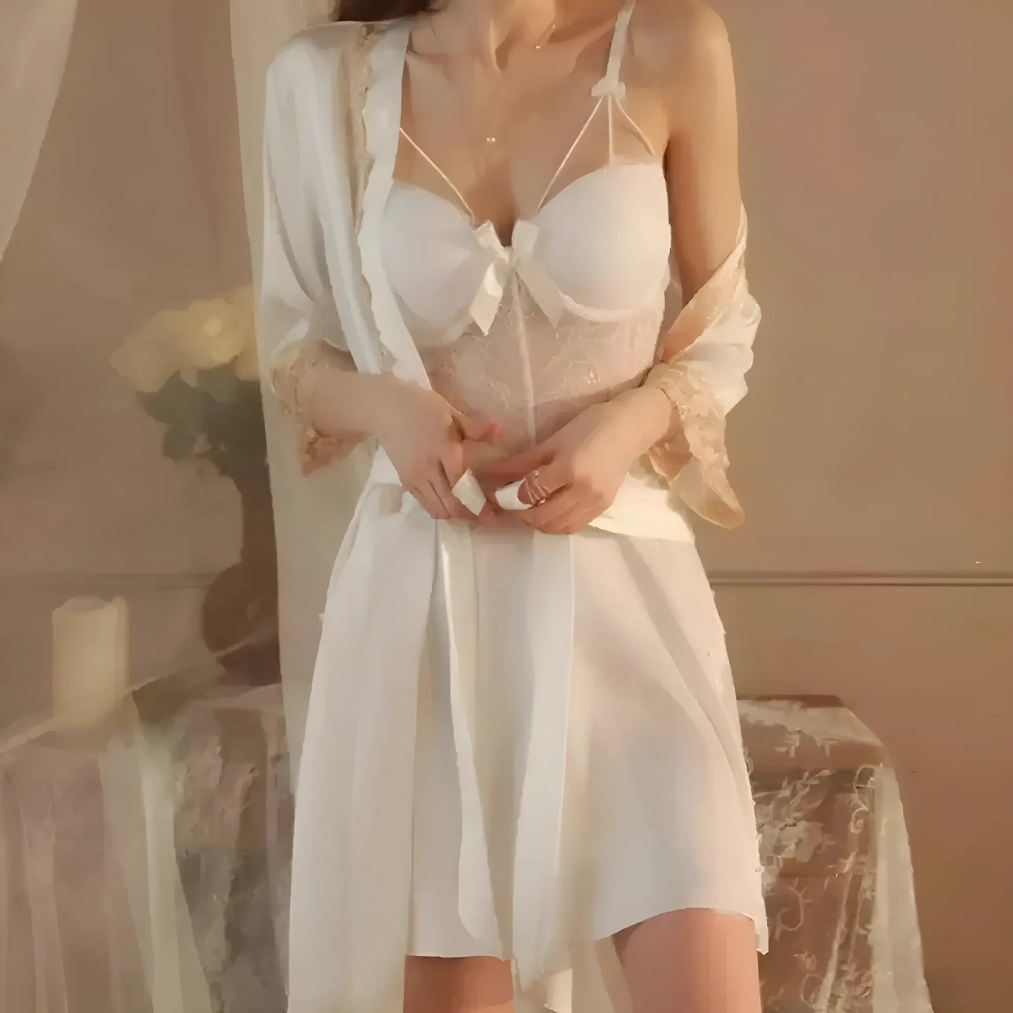  Ensemble de chemise de nuit avec dentelle et peignoir