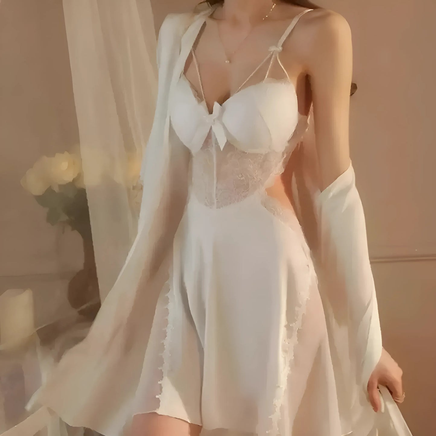  Ensemble de chemise de nuit avec dentelle et peignoir