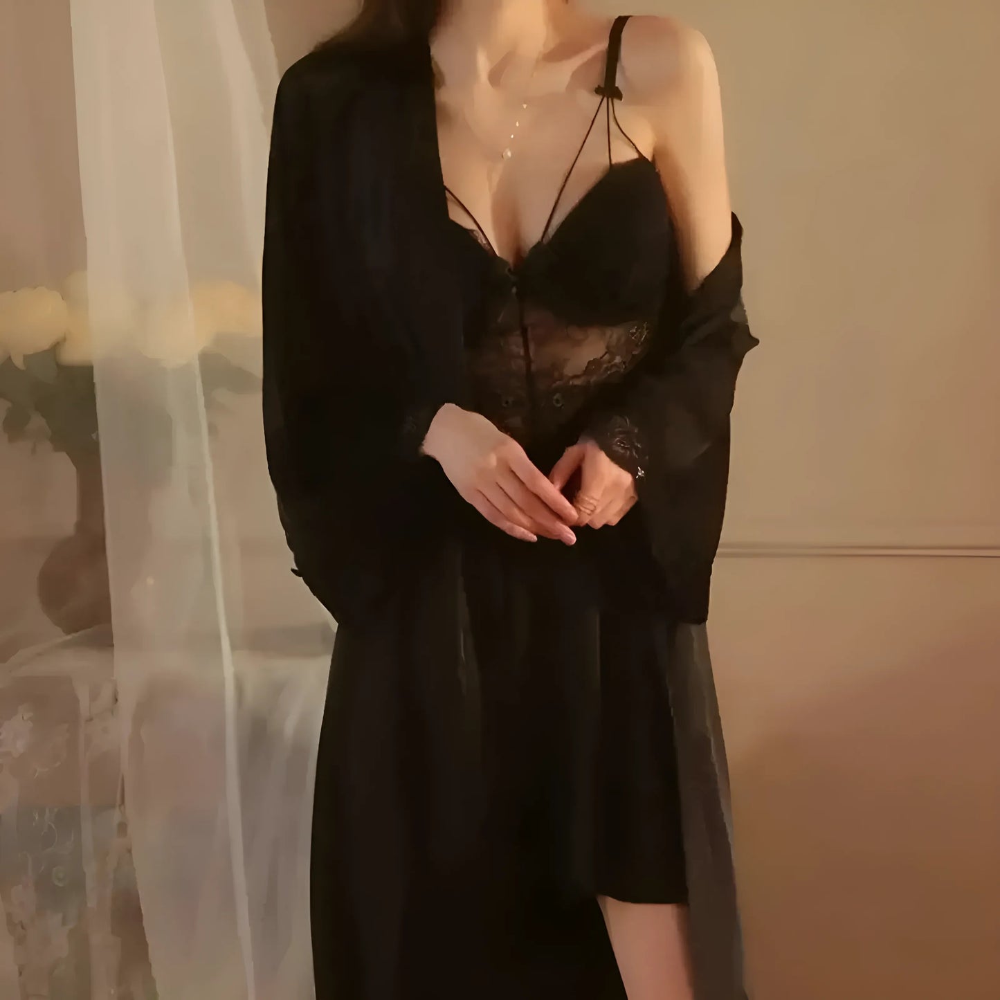  Ensemble de chemise de nuit avec dentelle et peignoir