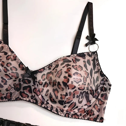  Ensemble de lingerie en dentelle à imprimé léopard avec porte-jarretelles