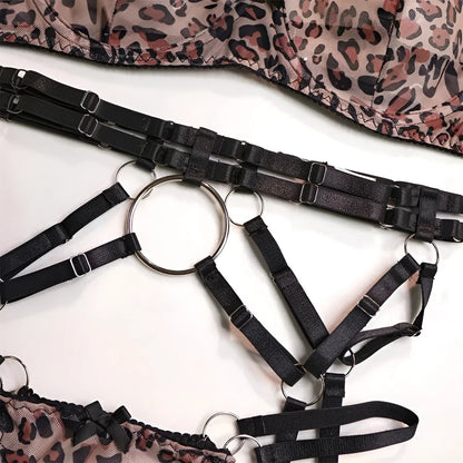  Ensemble de lingerie en dentelle à imprimé léopard avec porte-jarretelles