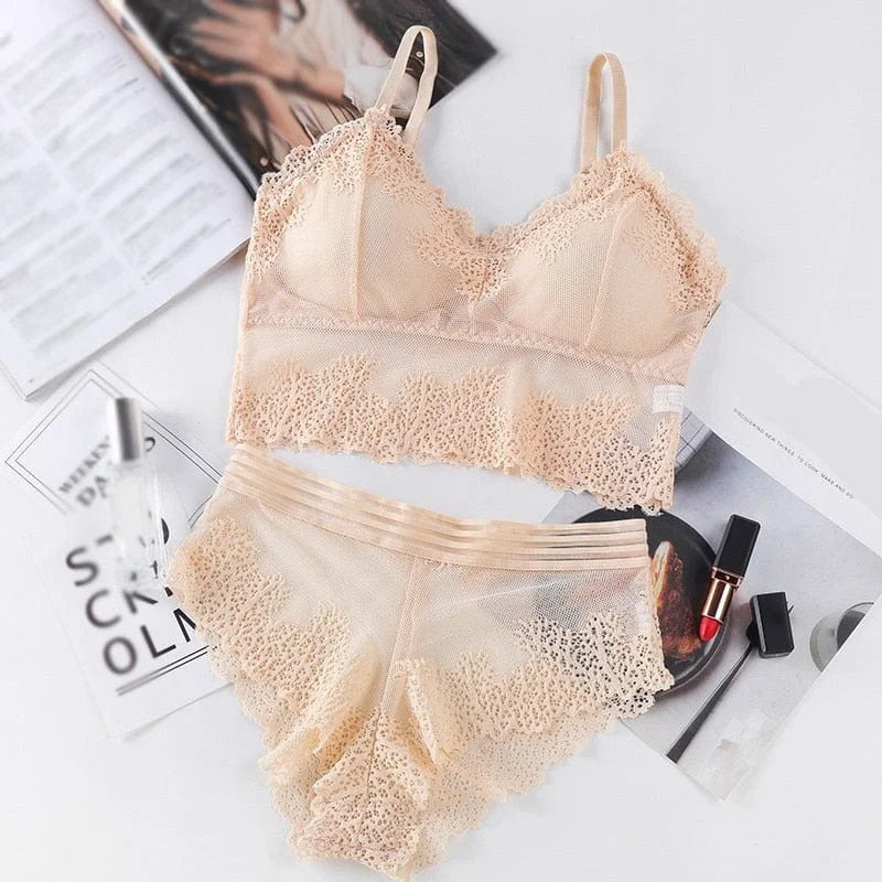 Ensemble de lingerie en dentelle avec bande élastique - beige / universel