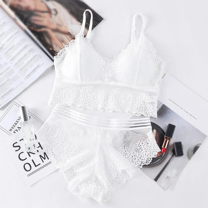 Ensemble de lingerie en dentelle avec bande élastique - blanc / universel