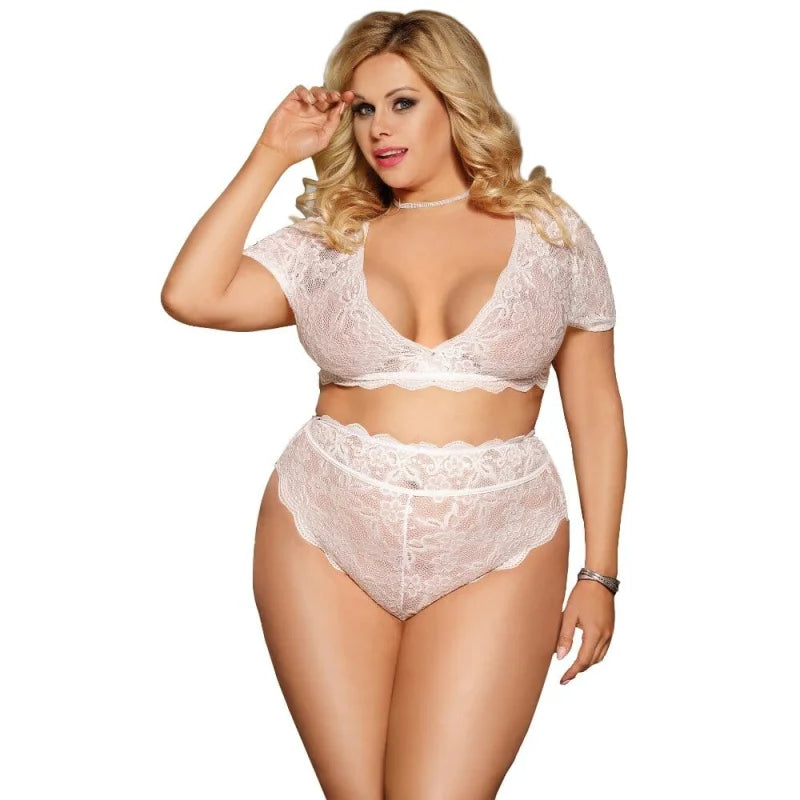 Ensemble de lingerie en dentelle avec des épaules couvertes en grandes tailles - blanc / xs/s