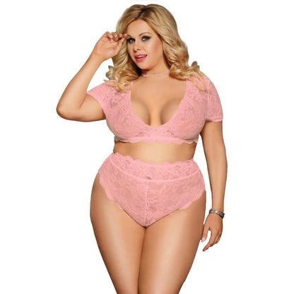 Ensemble de lingerie en dentelle avec des épaules couvertes en grandes tailles - rose / xs/s