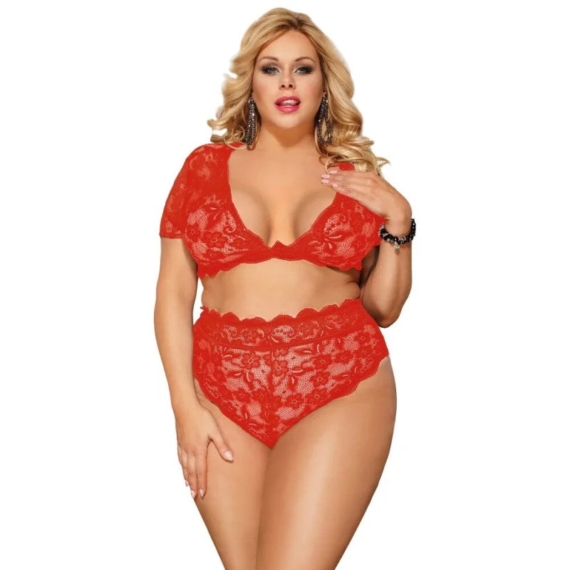 Ensemble de lingerie en dentelle avec des épaules couvertes en grandes tailles - rouge / xs/s