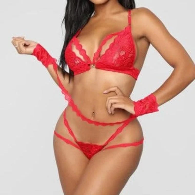 Ensemble de lingerie en dentelle avec dos décoratif - rouge / s