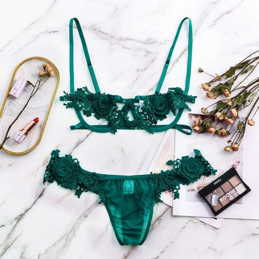 Ensemble de lingerie en dentelle avec motif floral - vert / s