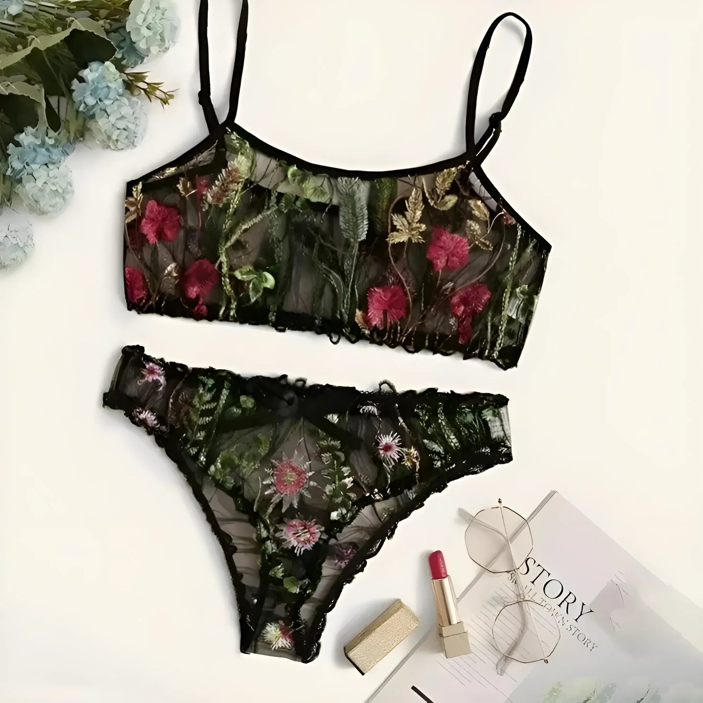  Ensemble de lingerie en dentelle avec motif floral