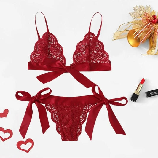 Ensemble de lingerie en dentelle avec nœuds - rouge / s