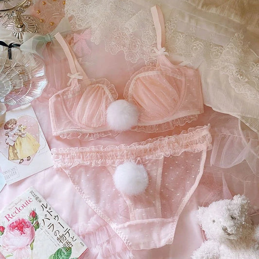 Ensemble de lingerie en dentelle avec pompons - rose / 85a