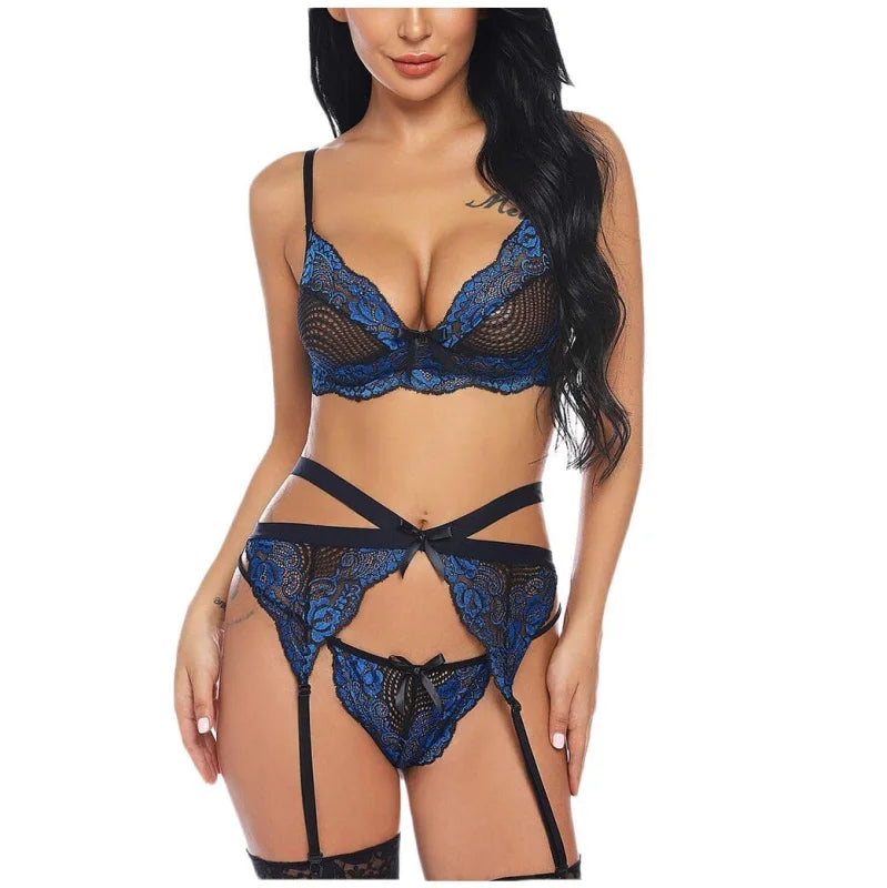 Ensemble de lingerie en dentelle avec porte-jarretelles - bleu / s