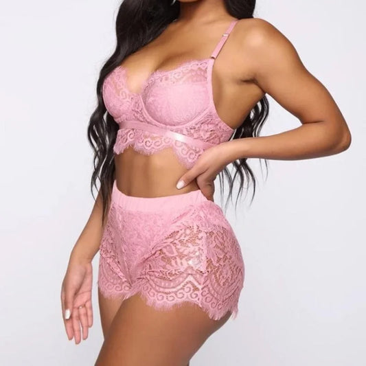 Ensemble de lingerie en dentelle avec short - rose / s