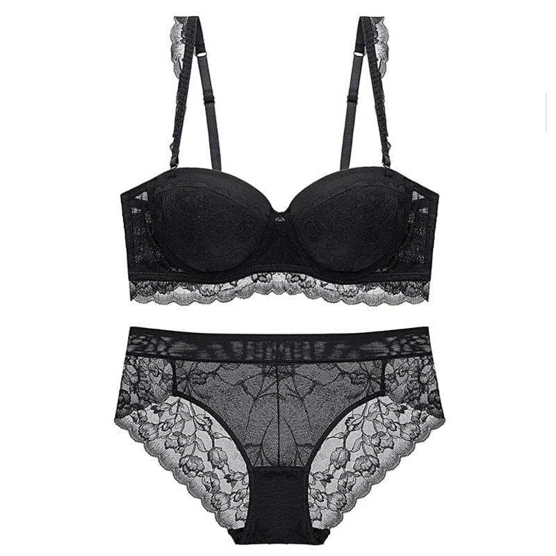 Ensemble de lingerie en dentelle avec un soutien-gorge plongeant - noir / 85a