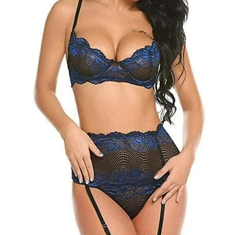 Ensemble de lingerie en dentelle avec une large bande - bleu / s