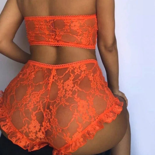 Ensemble de lingerie en dentelle avec volants - orange / s