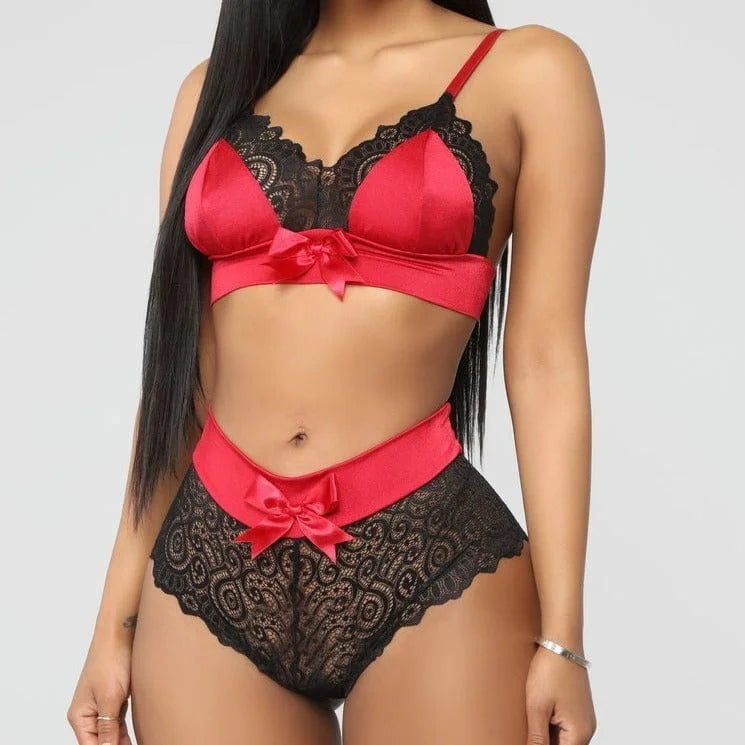 Ensemble de lingerie en dentelle et satin - rouge / s