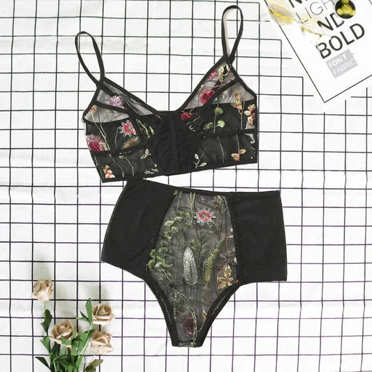 Ensemble de lingerie en dentelle florale délicate - noir / s