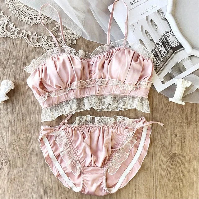 Ensemble de lingerie en dentelle froncée - rose / s