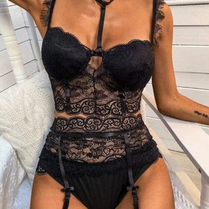 Ensemble de lingerie en dentelle trois pièces - noir / s