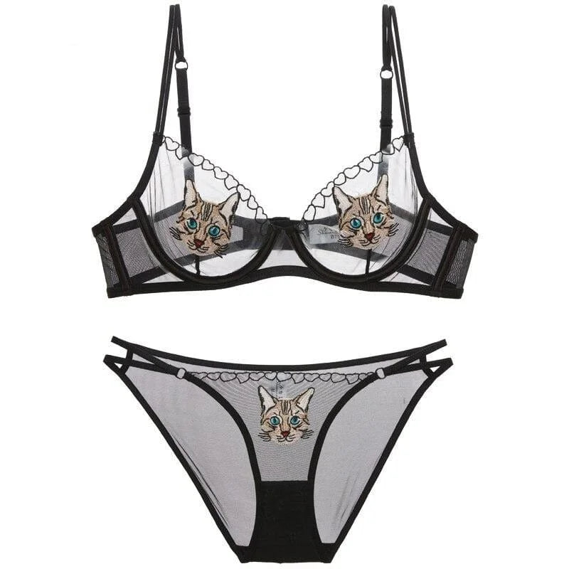 Ensemble de lingerie transparente avec des chats - noir / 85a