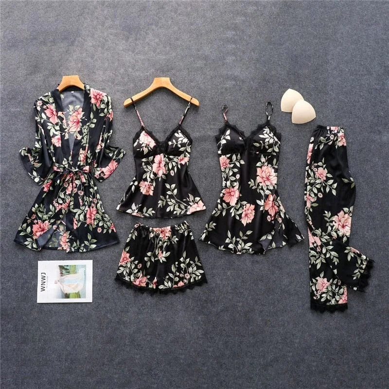 Ensemble de pyjama à thème floral en cinq pièces - noir / s