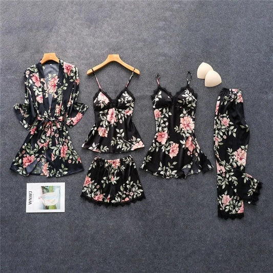 Ensemble de pyjama à thème floral en cinq pièces - noir / s