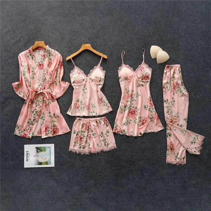Ensemble de pyjama à thème floral en cinq pièces - rose / s