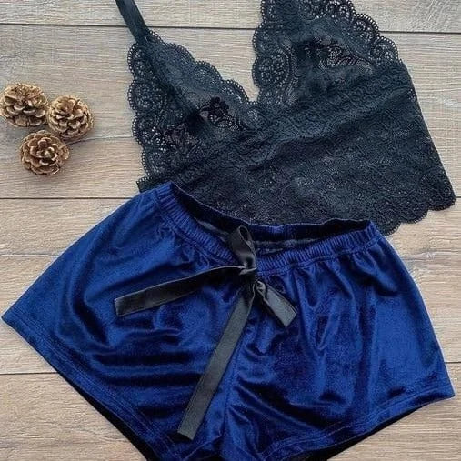 Ensemble de pyjama deux pièces avec top en dentelle - bleu marine / s