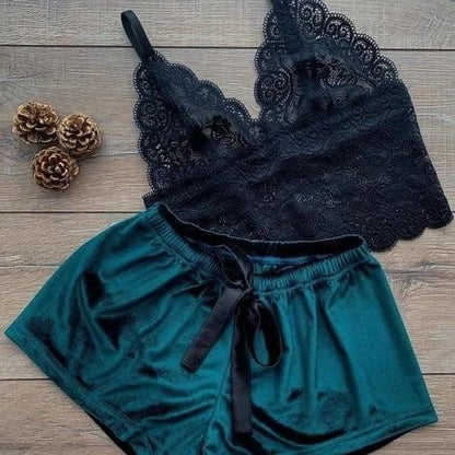 Ensemble de pyjama deux pièces avec top en dentelle - vert / s