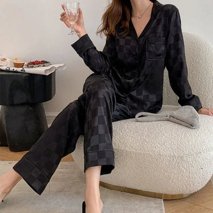 Ensemble de pyjama en satin à carreaux pour femme - noir / xs