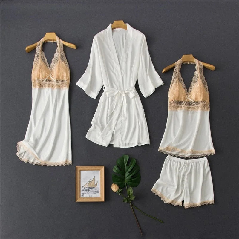 Ensemble de pyjama quatre pièces avec dentelle décorative - blanc / s