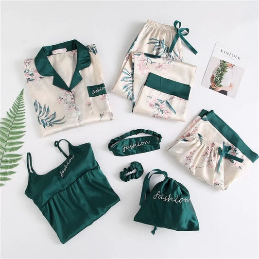 Ensemble de pyjama six pièces à motifs floraux - vert / s