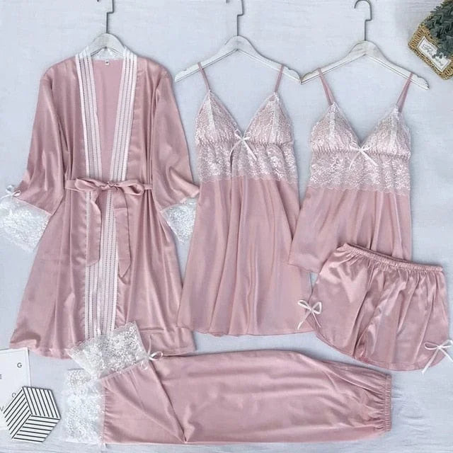 Ensemble de sommeil en satin à cinq pièces - rose / s