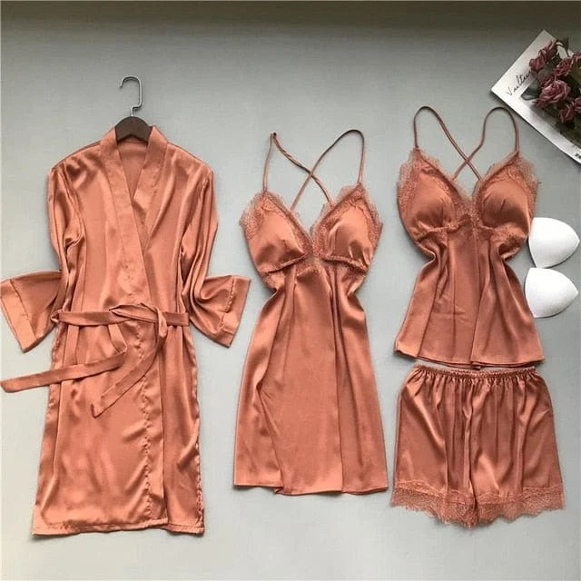 Ensemble de sommeil en satin à quatre pièces - orange / s