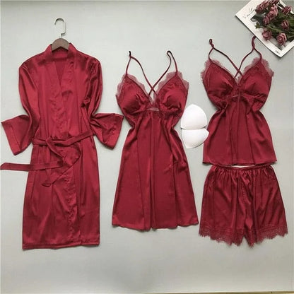 Ensemble de sommeil en satin à quatre pièces - rouge / s