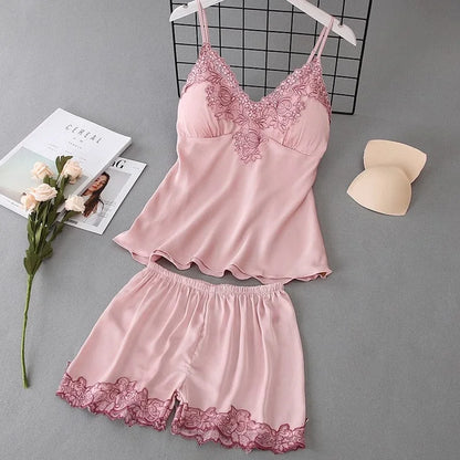 Ensemble pyjama pour femme avec bordure en dentelle - rose / s