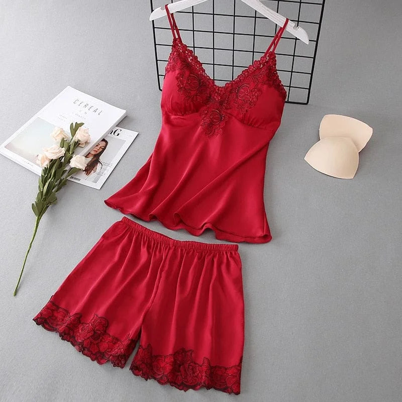 Ensemble pyjama pour femme avec bordure en dentelle - rouge / s