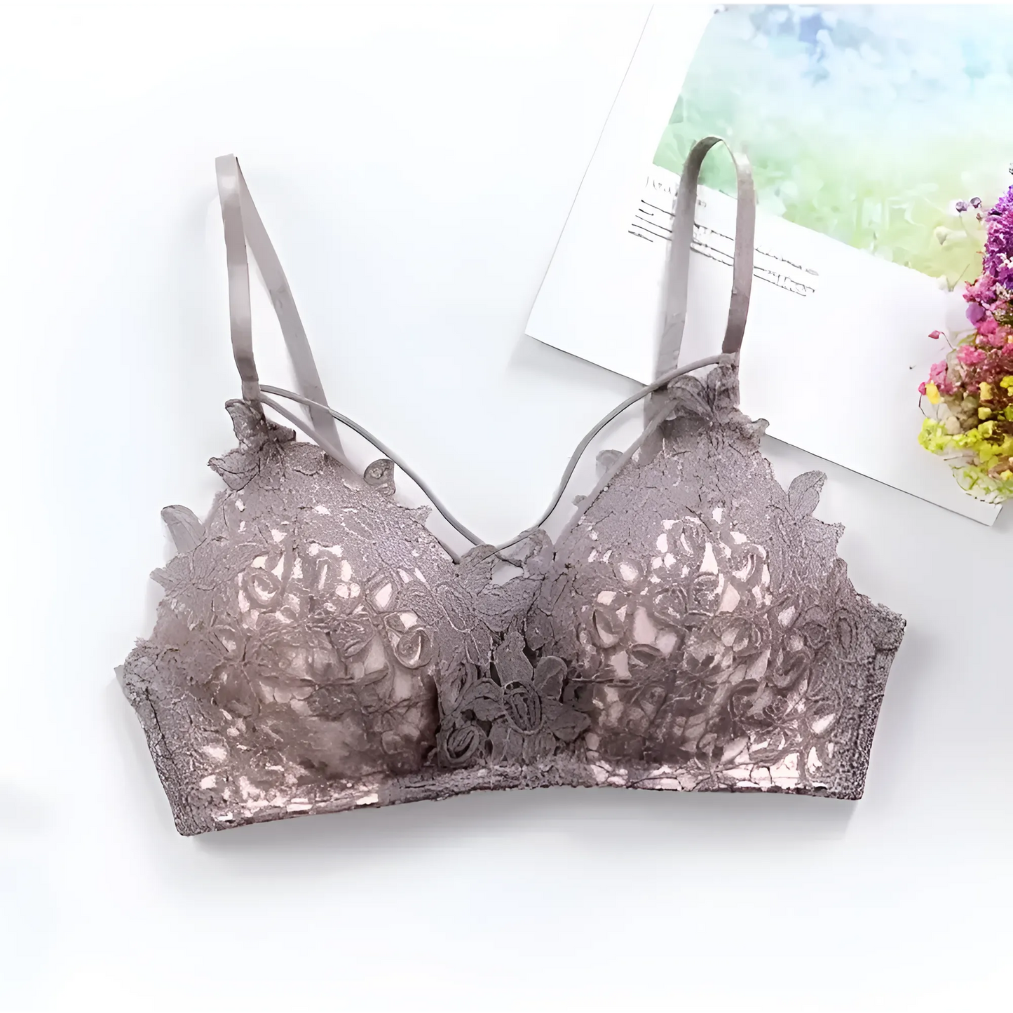 Gris Bralette en dentelle avec des bretelles décoratives