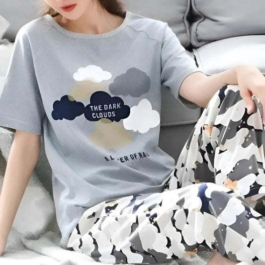 Gris Ensemble de pyjama Long Cloud Print