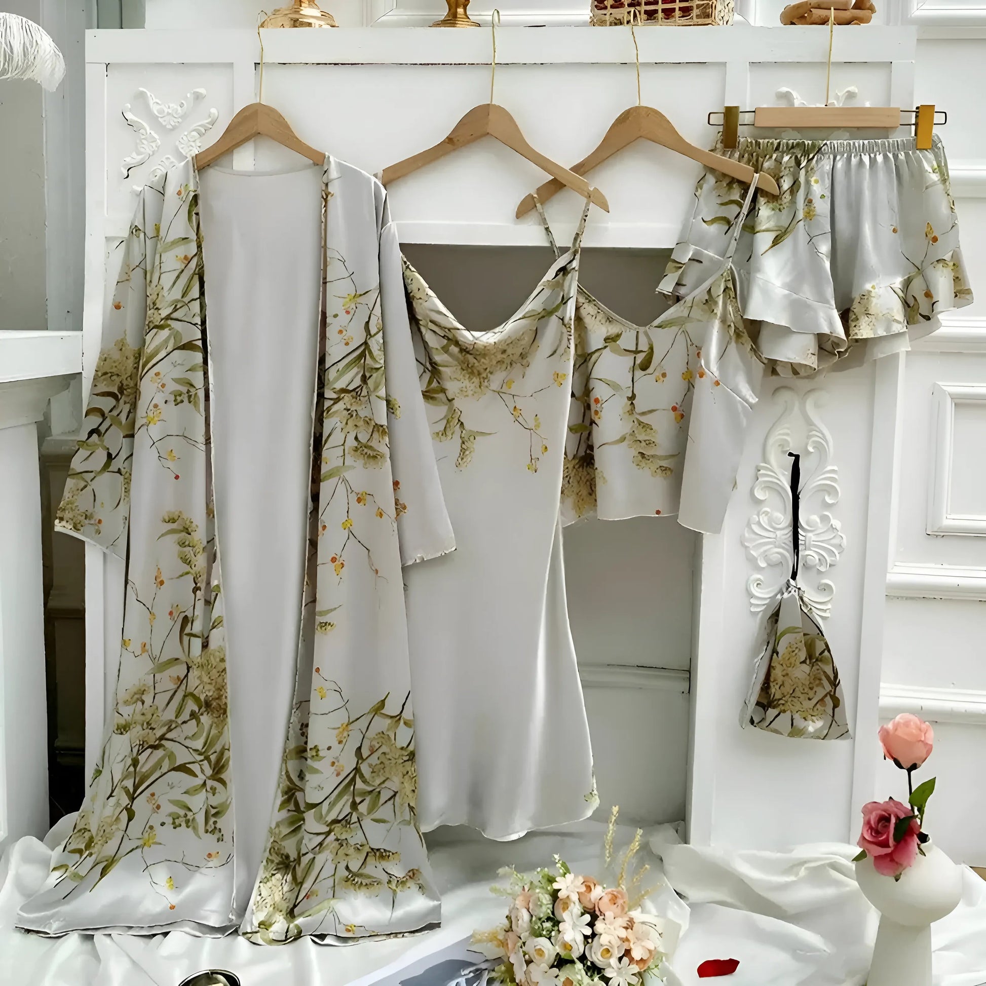Gris Ensemble de sommeil à imprimé floral
