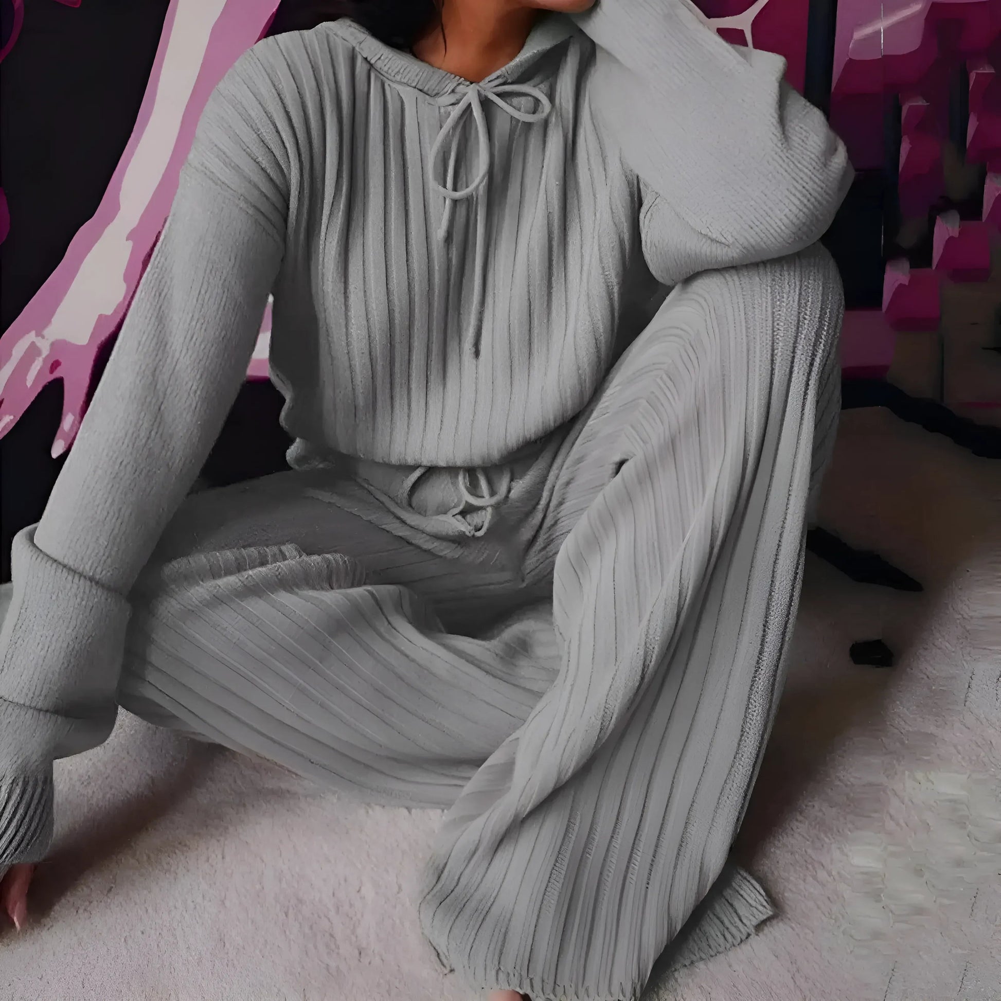 Gris Pyjama femme à rayures lâches