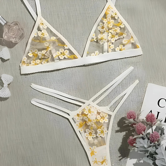 Jaune Ensemble de lingerie en dentelle avec des fleurs jaunes