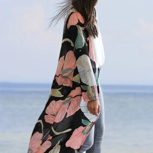 Kimono de plage à fleurs grandes - noir / s