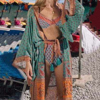 Kimono de plage au style vintage - turquoise / universel