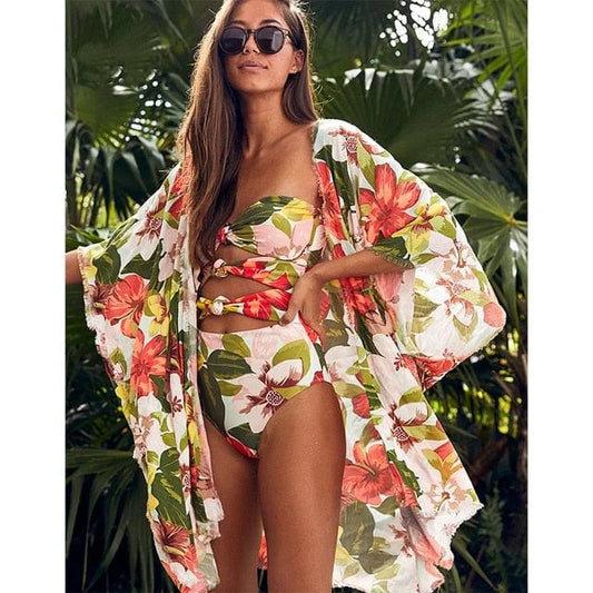 Kimono de plage court à fleurs - orange / s