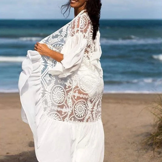 Kimono de plage en dentelle - blanc / universel