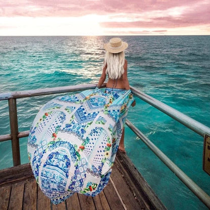 Kimono de plage long à motifs colorés - bleu / universel